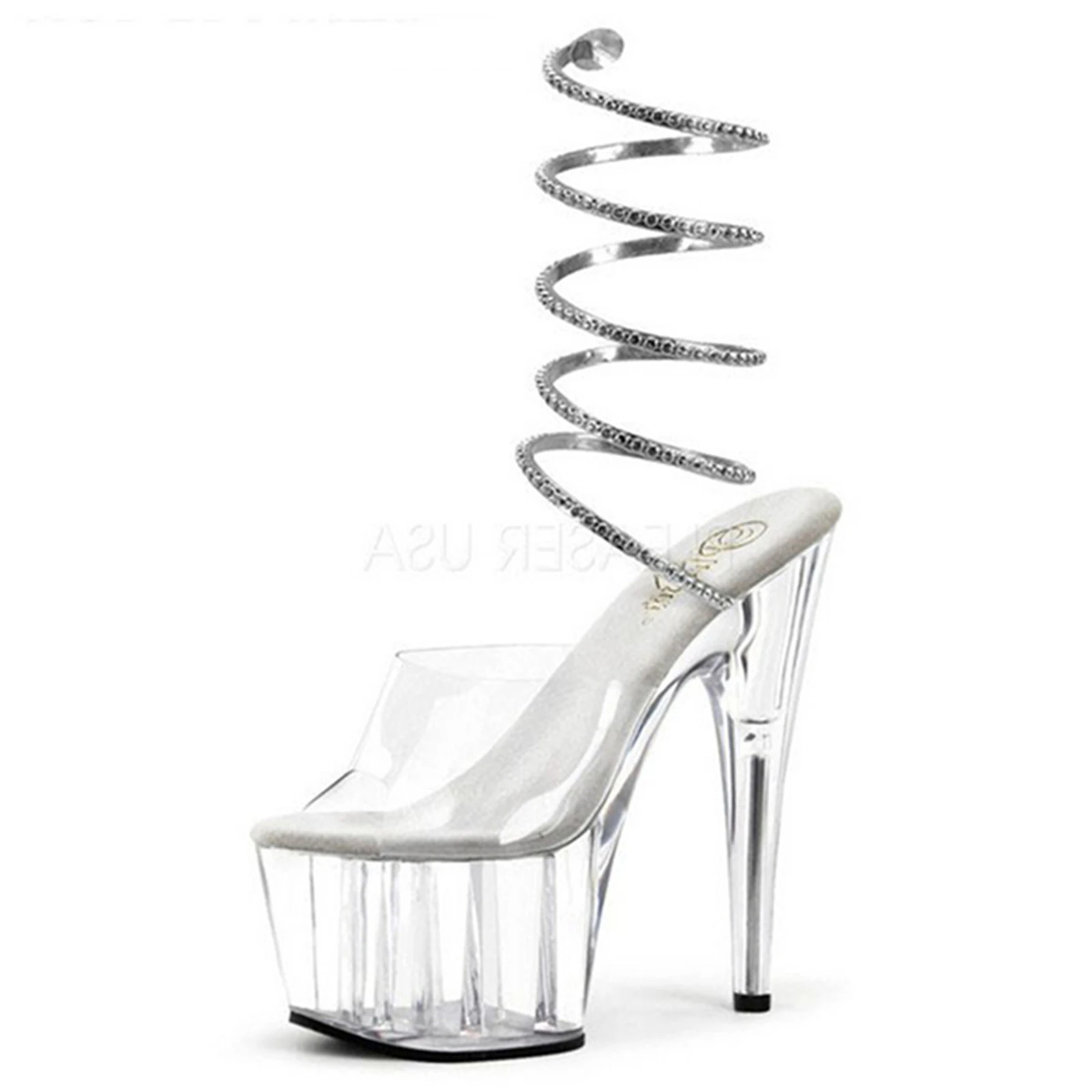 

​15CM Crystal Heel Sandals Black, Transparent Stiletto Platform Pumps with Rhinestone Spiral Strap & Suede Accent, Avant-Garde