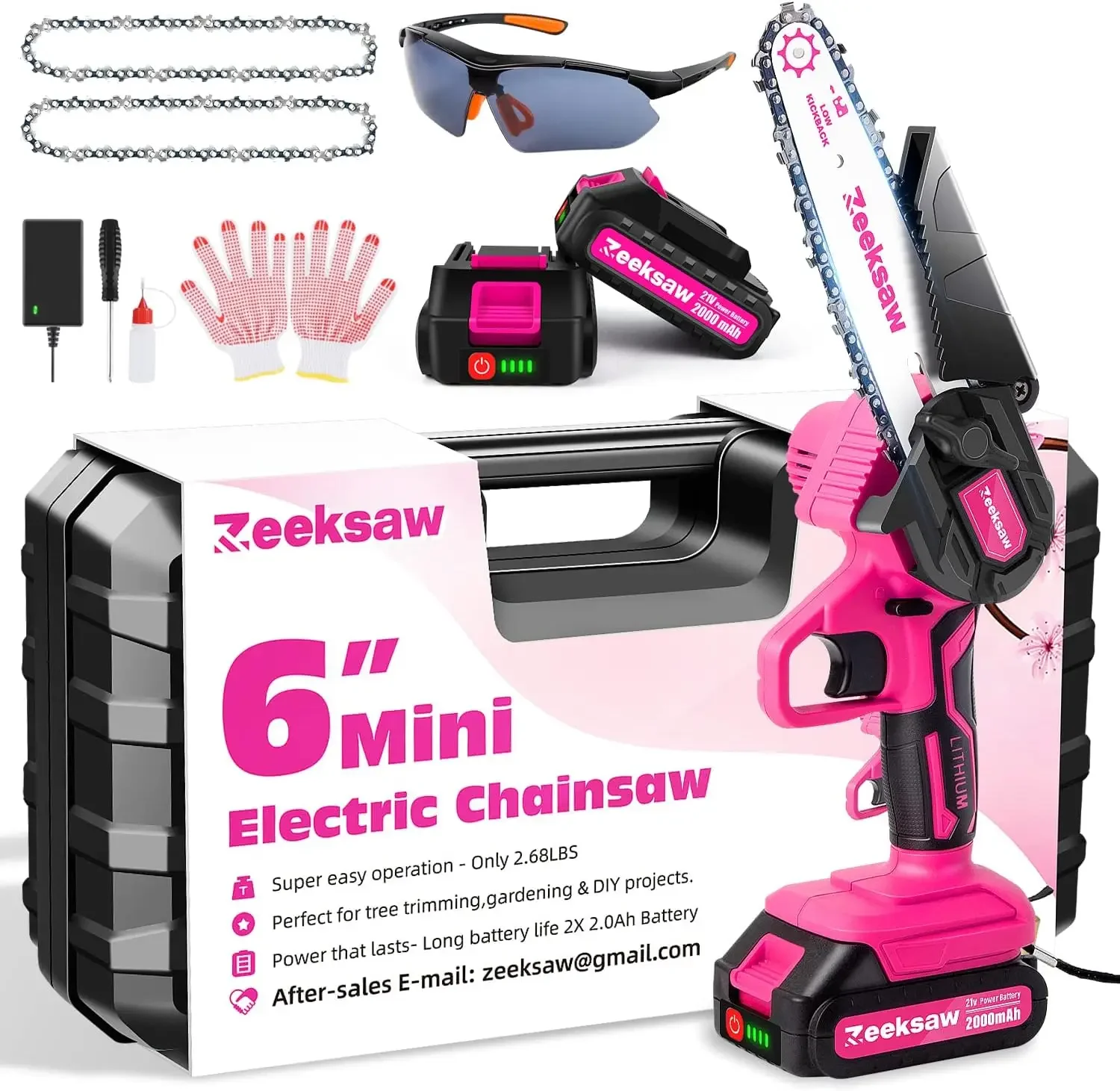 Pink Mini Chainsaw Cordless 6 inch - Electric Handheld Chainsaw Battery Powered with Power Indicator - Rechargeable Mini Ch