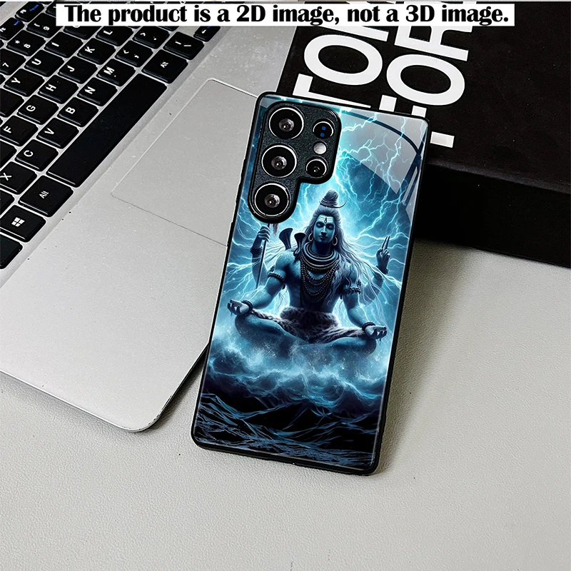 Blue Glow Shiva Trident Phone Case,2D Print Black Glass For Samsung S/A Series,Shockproof Full Coverage Cover