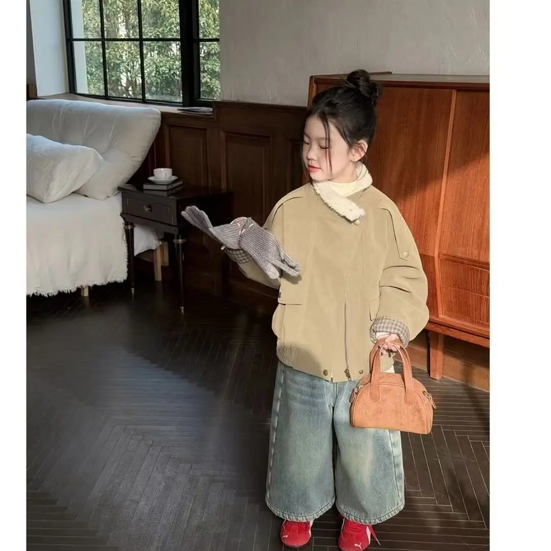 Children's 2026 Winter New Loose Stand up Collar Checkered Splicing Leather Jacket Thickened Warm Jacket Leather Jacket Trendy