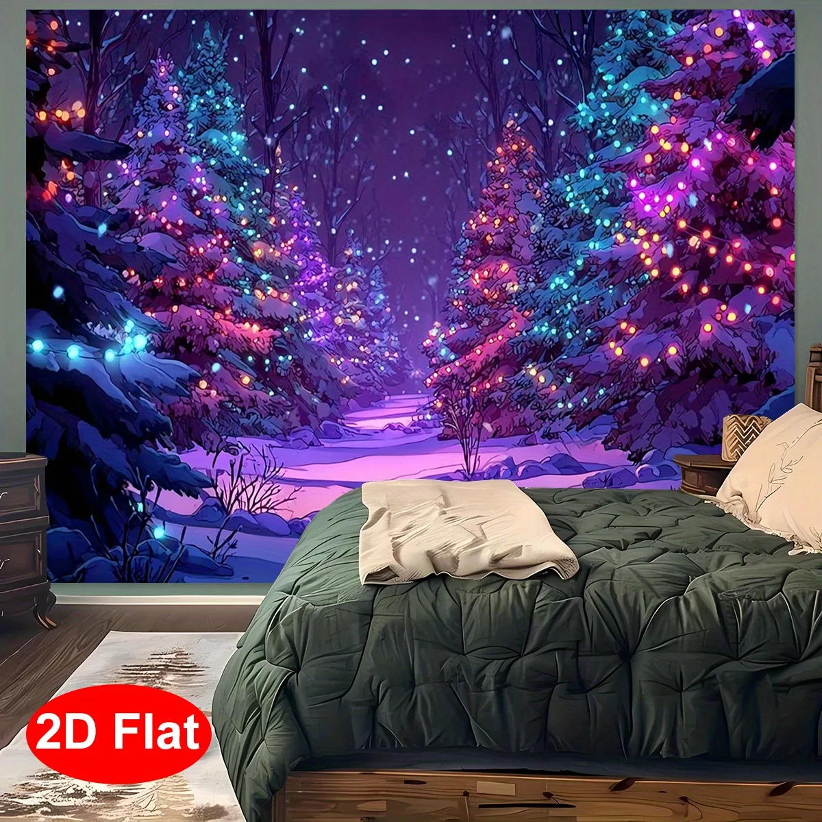 2D Flat, Self-Lit Winter Wonderland Tapestry Banner with Glowing Fluorescent Trees & Snow Scene - No Batteries/Electricity Requi