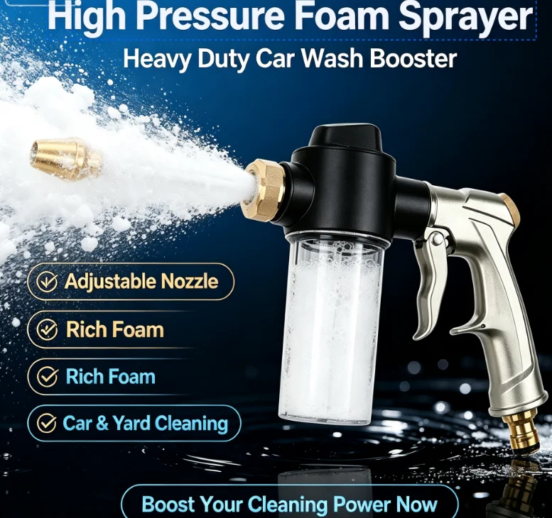 High Pressure Hose Nozzle Heavy Duty Car Wash Booster with Foam Garden Hose Foam Sprayer Adjustable for Car Yard Cleaning