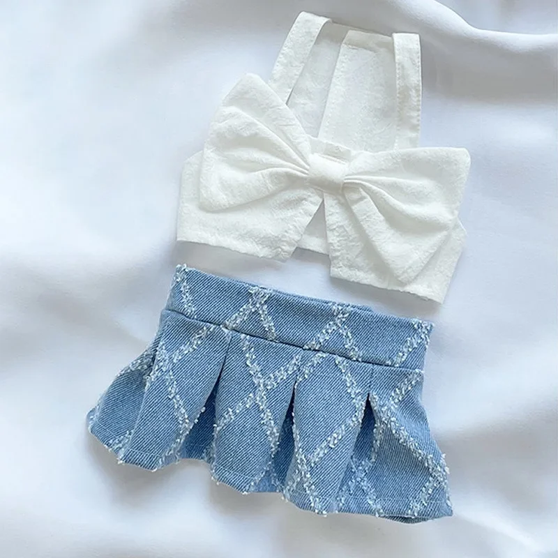 

Ins Pet Summer Denim Patchwork Bow Vest Puppy Dress Cat Denim Plaid Vest T-shirt Half Set Fashion Dog Dresses for Small Dogs