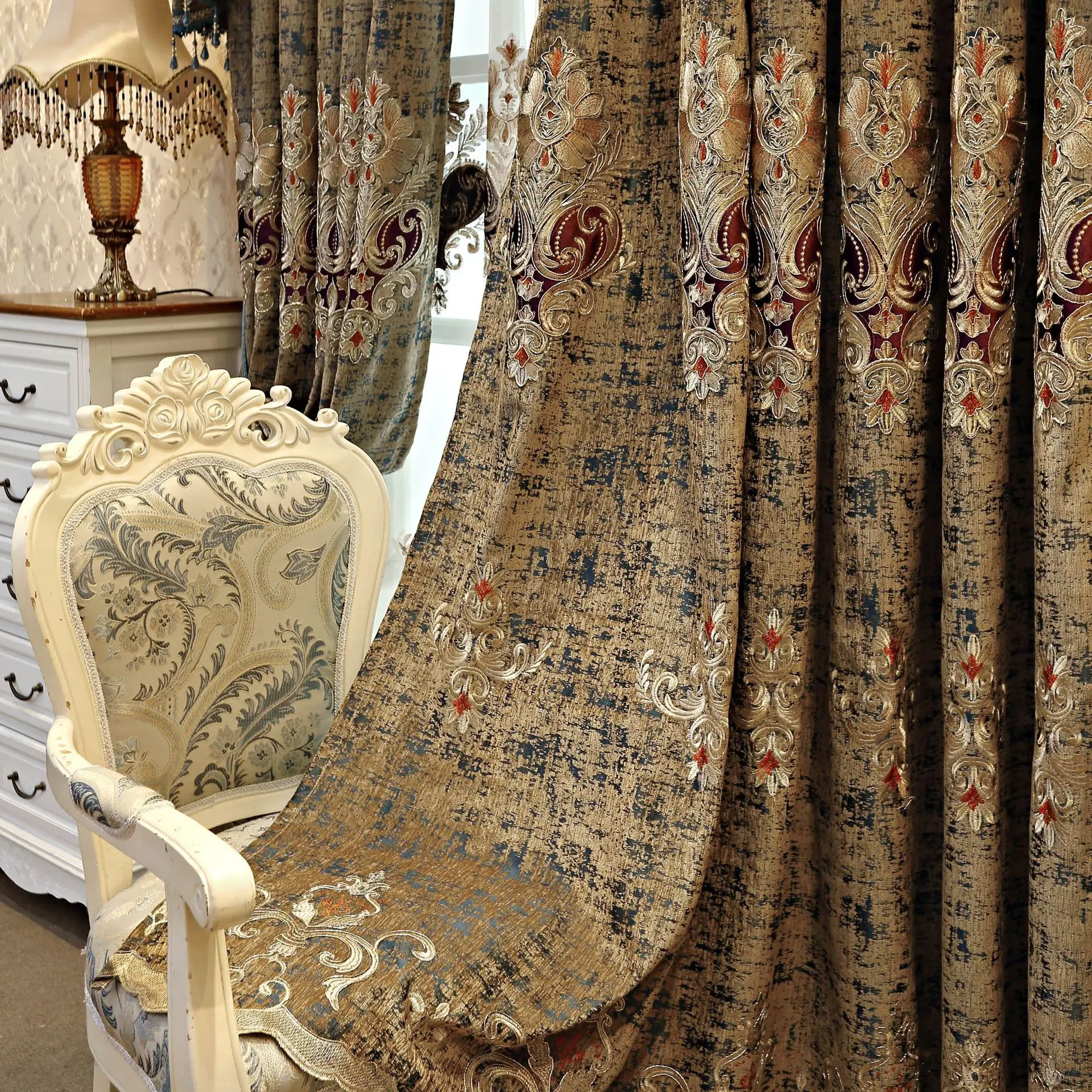 Classical Palace Luxury European Chenille Jacquard Embroidery Curtains for Living Dining Room Bedroom Villa Windows Door