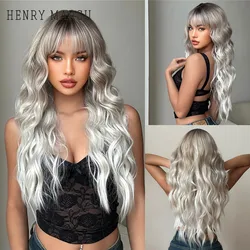 HENRY MARGU Ombre Light Blonde Synthetic Wigs with Bangs Long Natural Wavy Wig for Women Platinum Blonde Dark Root Wig Daily Use