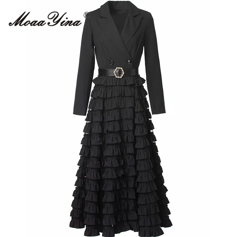 MoaaYina Moda Outono Casaco de gola elegante com vestido de borda de cogumelo em camadas de cem dobras