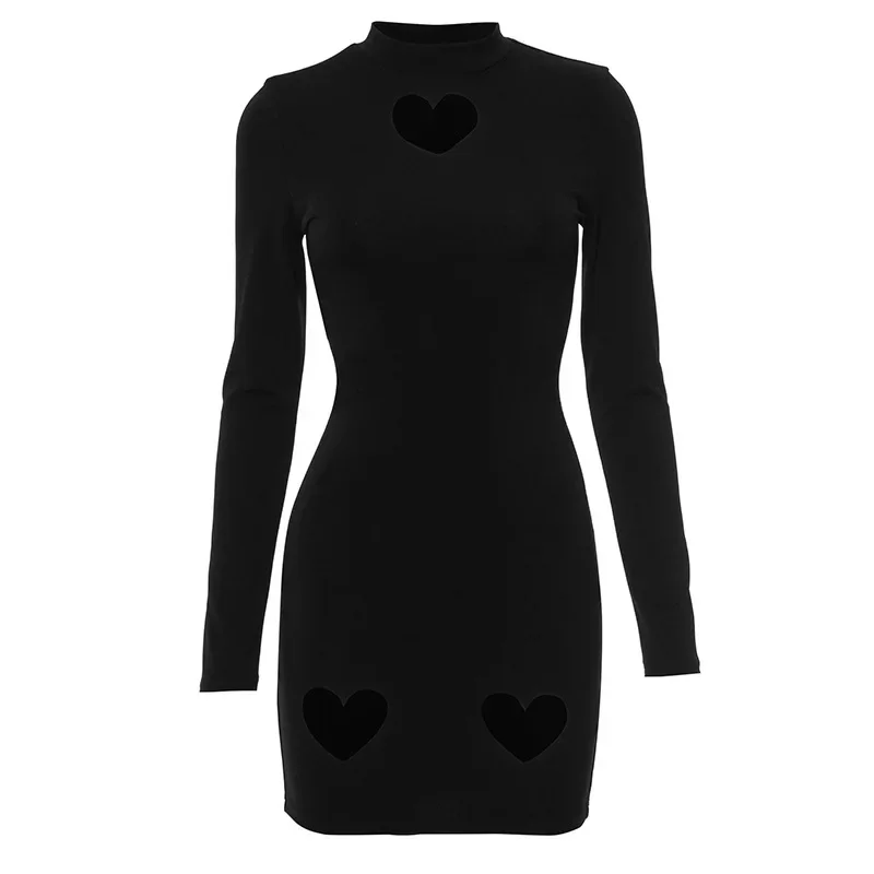 Fashion Women Heart Cut-out Bodycon Dress Party Wear Long Sleeve Hollow Out Mini Slim Dress Sexy Cute Lady Autumn Dressess 2024