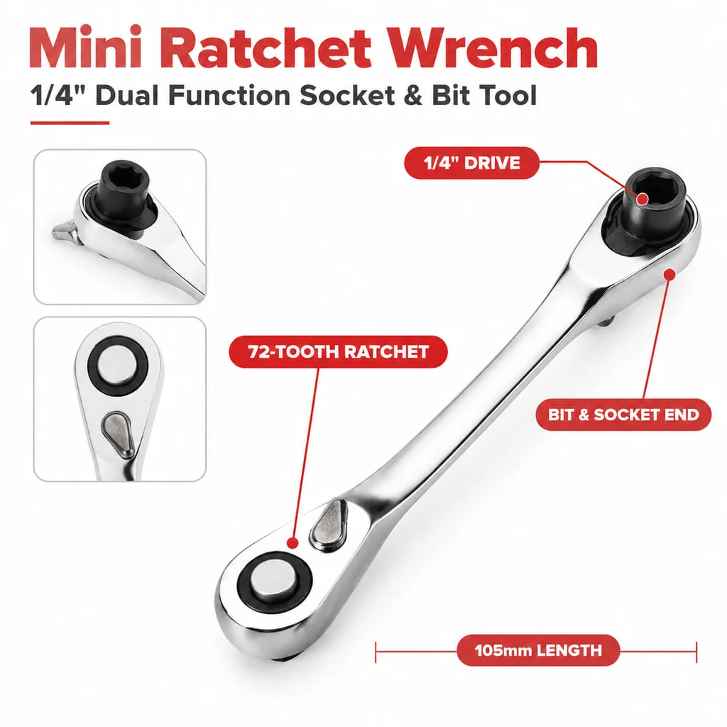PINMOAP Mini 1/4 Inch Ratchet Screwdriver Wrench 72 Tooth CR-V Steel Dual Head Socket Bit Tool 105mm For Auto DIY Repair
