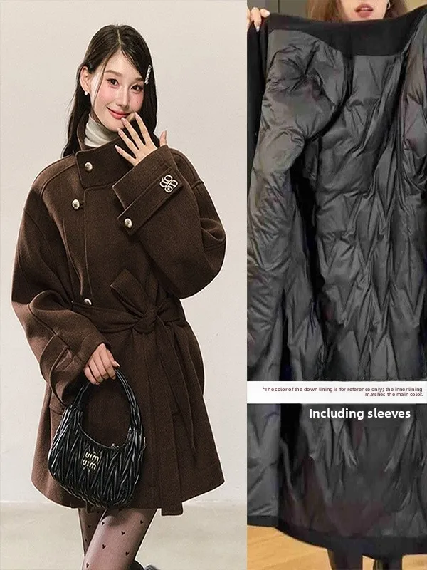 

Slimming ort Wool Blend Women's Duffel Coat Inner Liner Padded Jaet Korean Sle Straight Cut Long Sve Warm Commute
