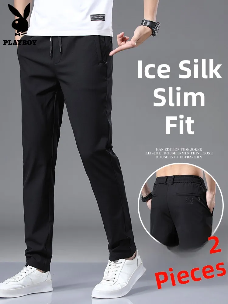 

Мужские повседневные брюки из ледяного шелка, летние, тонкие, черные, прямого кроя, новые, для молодежи, придающие свежесть и комфорт, из смеси нейлона и спандекса