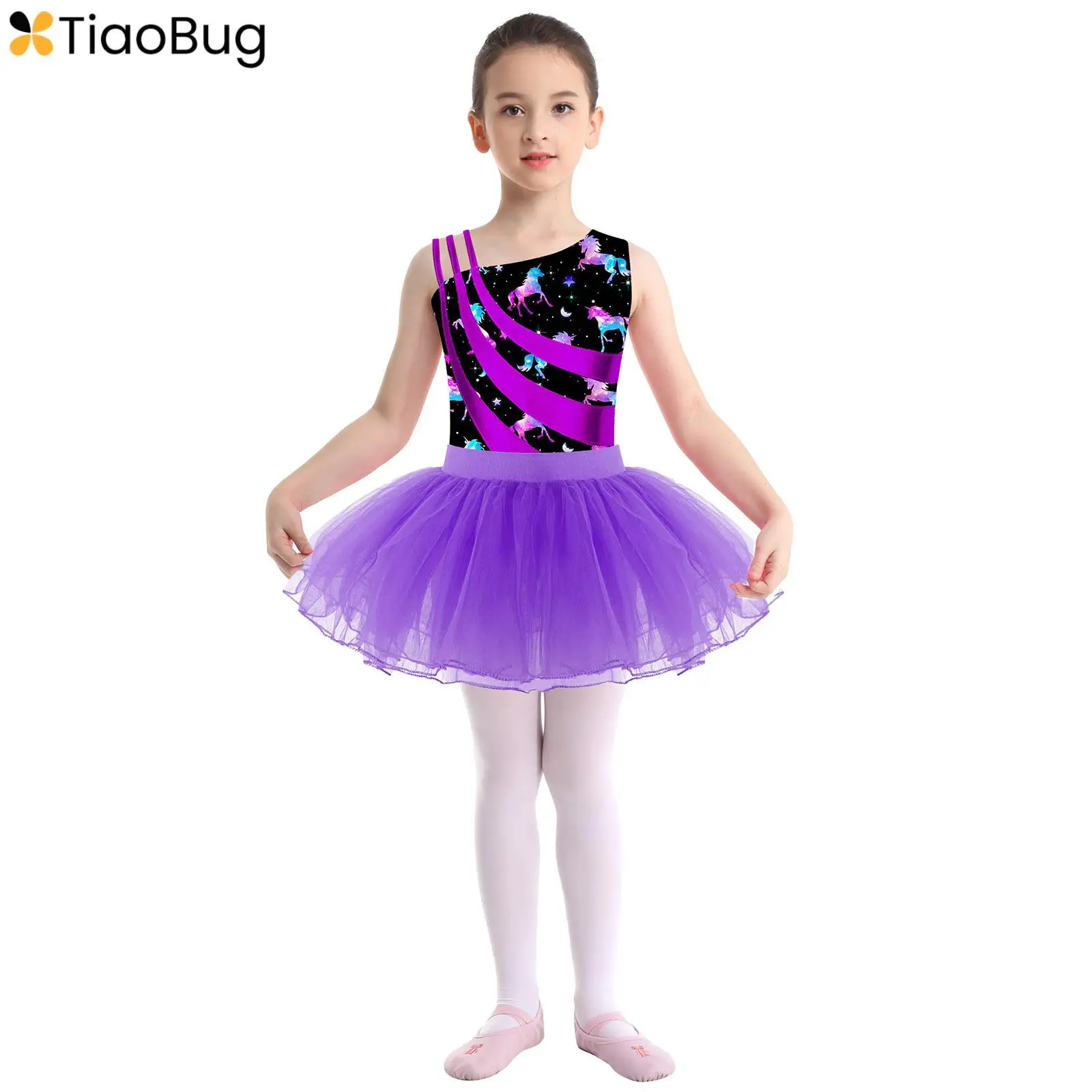 

Kids Girls Printed Sleeveless Ballet Dance Gymnastic Leotard One Piece Bodysuit with Tulle Tutu Skirt Ballerina Dress Dancewear