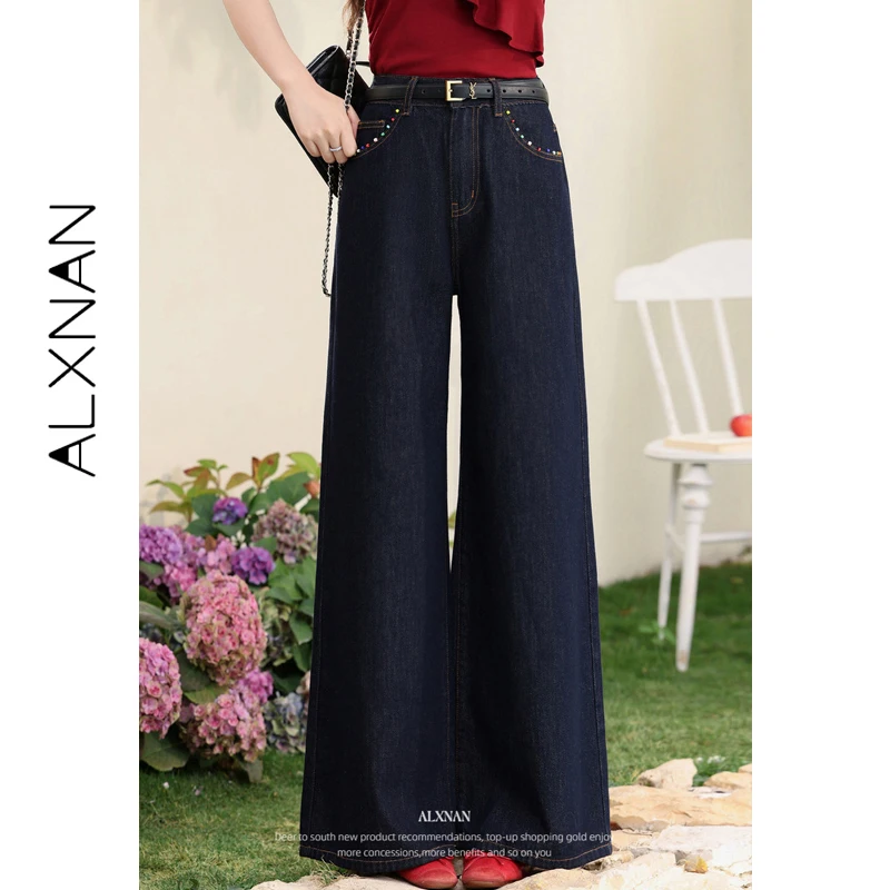 

Женские джинсы ALXNAN 2026: Весенние темно-синие джинсы с высокой талией, прямые, свободные, элегантные, из хлопка, с широкими штанинами, модель L61920