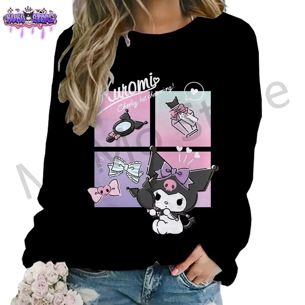 Kuromi Women's Long Sleeve Sweatshirts Kawaii Autumn Clothes Streetwear Leisure 2024 O Neck S-3XL Woman Fashion Lovely Anime New