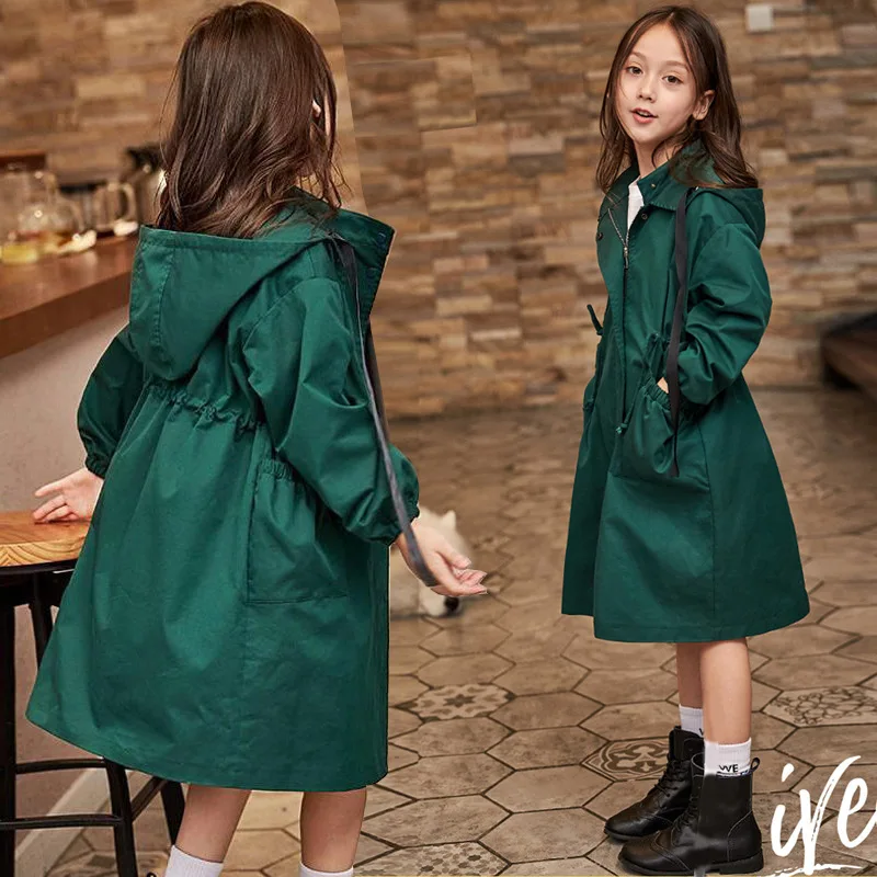 

Baby Girl Windbreaker Outerwear Kids Spring Autumn Clothes Long Trench Coat Children Hooded Fashion Jacket Teens Outer Clothing