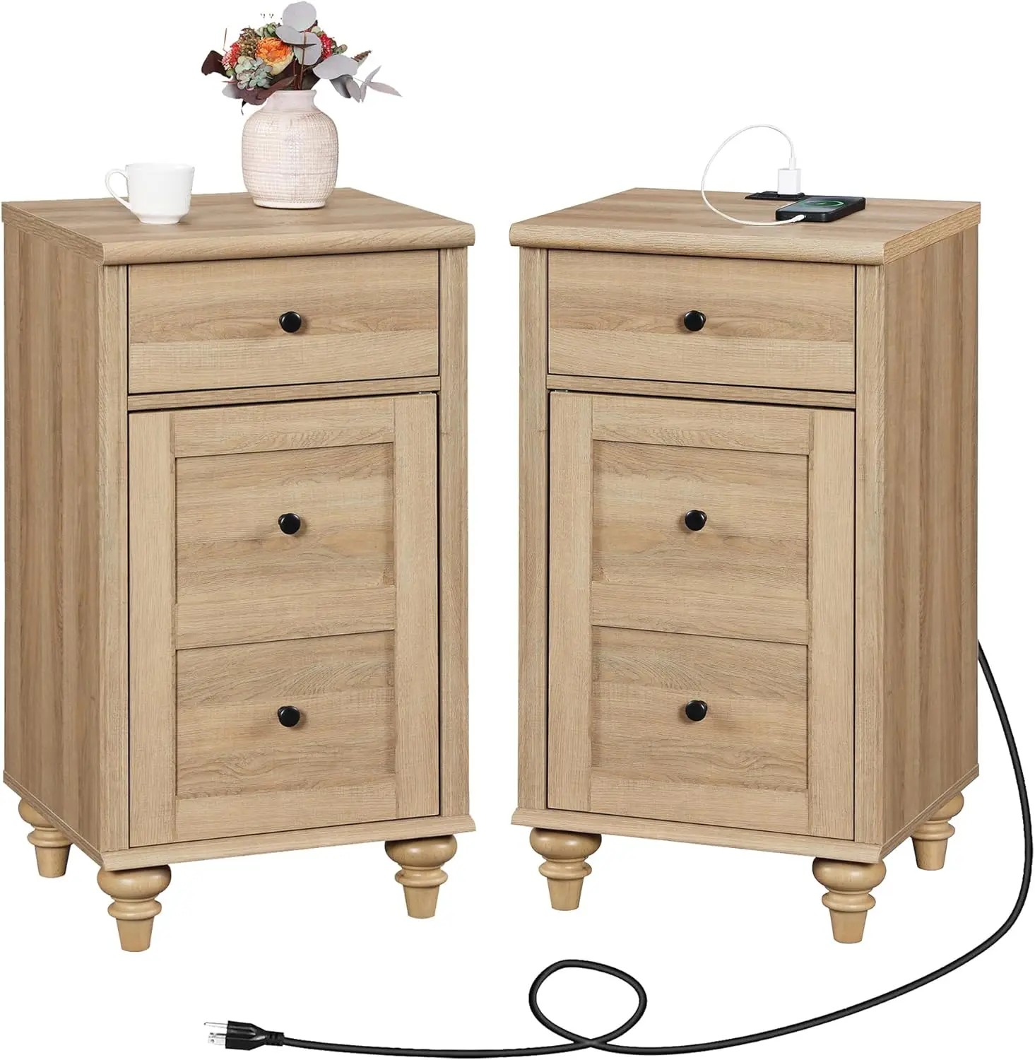 WAMPAT Nightstands with Charging Station, Set of 2 End Table with Power Outlets & USB Ports for Living Room, Modern Side Table w