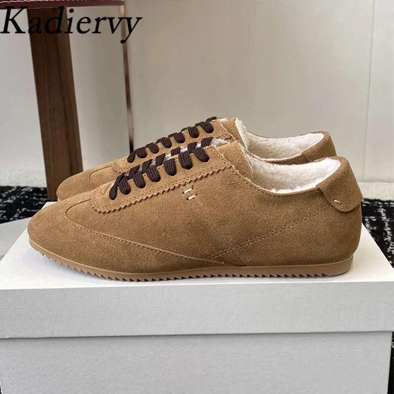 الشتاء أحذية رياضية امرأة جولة تو الدانتيل يصل في الهواء الطلق حذاء مسطح النساء البقرة المدبوغ مختلط اللون عادية الصوف الدافئة أحذية رياضية نسائية