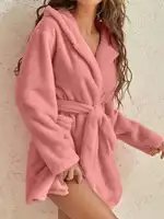 1 piece of women's solid color hooded robe with belt, cozy and warm fleece pajamas for home wear in autumn and winter. - Image 4