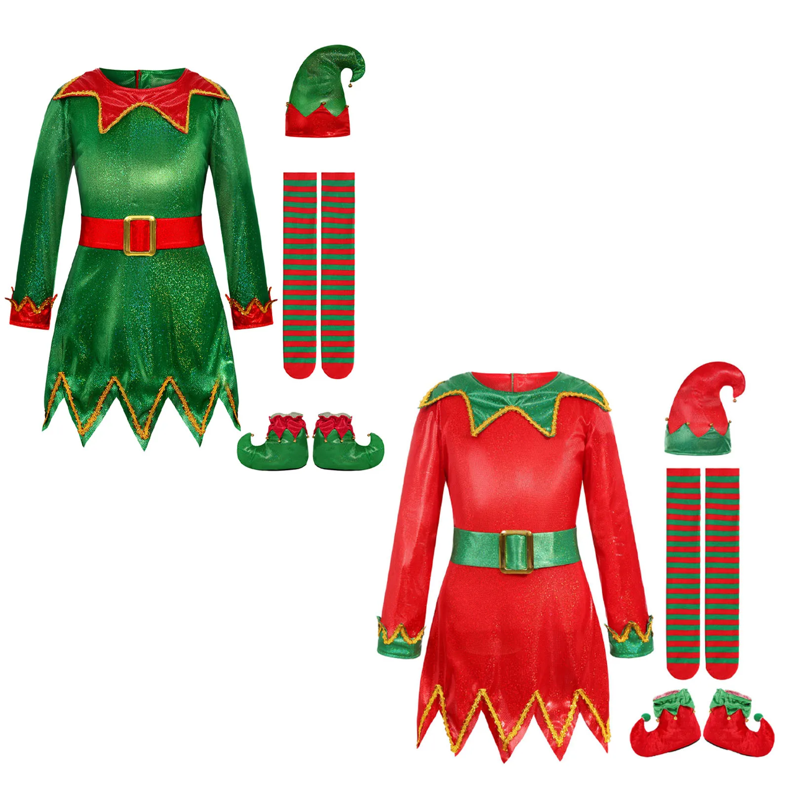 

Girls Christmas Elf Costume Xmas Fancy Dress Up Outfit Long Sleeve Zipper Jagged Hem Dress Hat Stripe Socking And Shoes Set