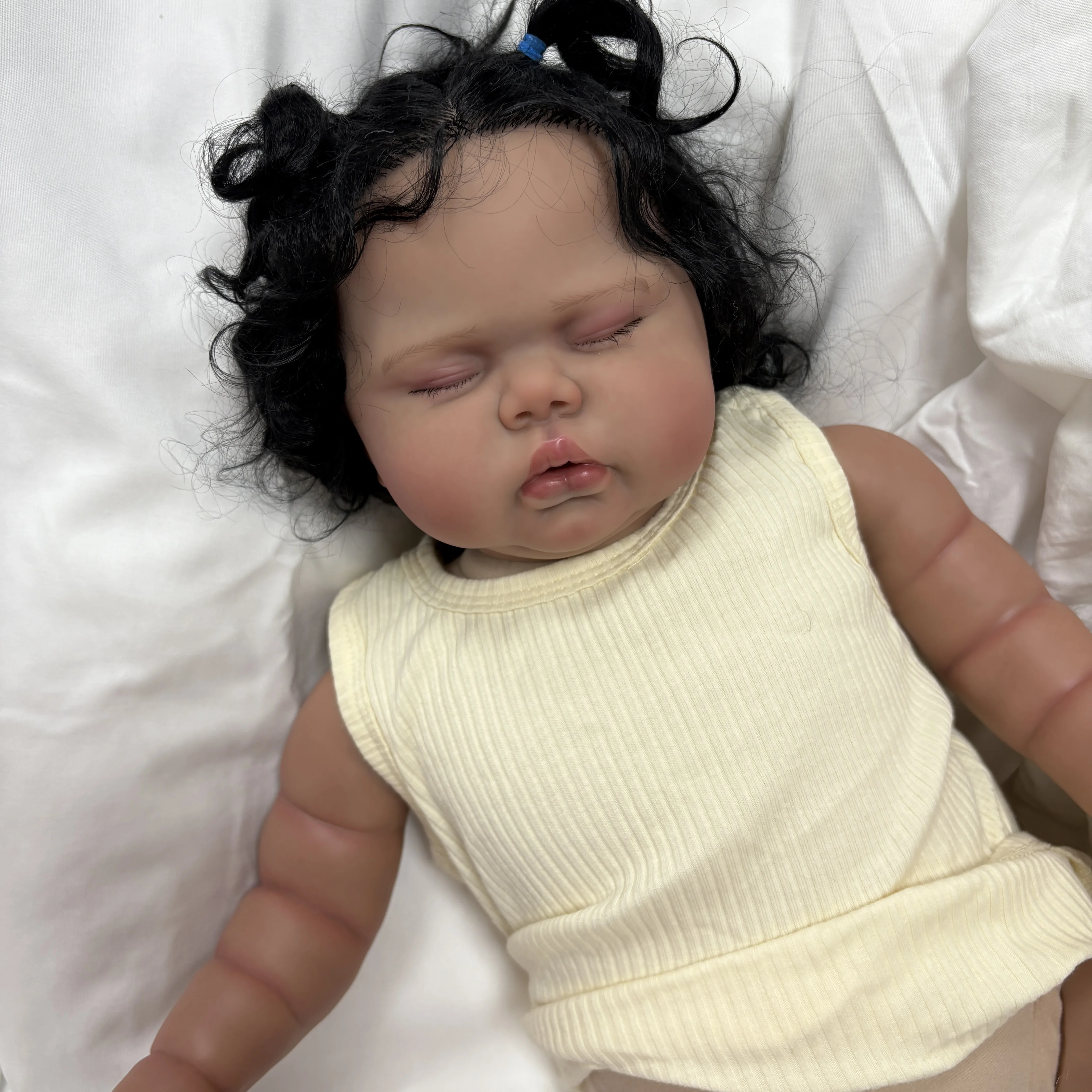 

24inch Pickle Dark Skin Soft Cotton Body Lifelike Sleeping Reborn Doll Multiple Layers Painting 3D Skin Hand Root Curly Hair