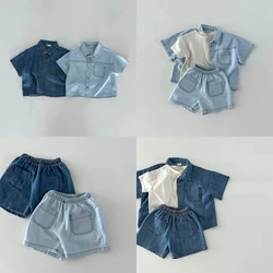 Summer Baby denim solid color short sleeved set leisure Sports sportswear fashion Shorts and shirts 2PCS