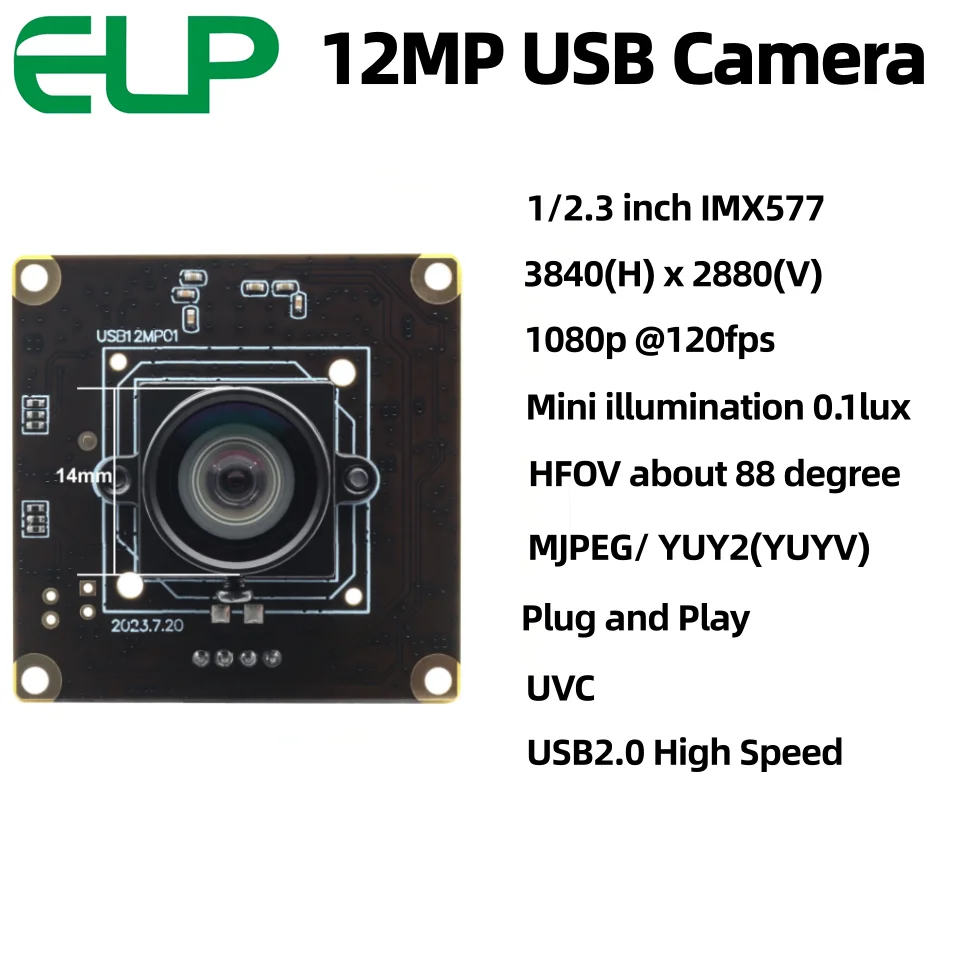 ELP 12MP USB Camera Module,IMX577 Sensor, 1080p@120fps, HFOV about 88 degree,UVC Plug&Play Webcam for High Speed Motion Capture