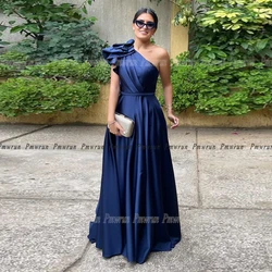 Elegant Navy Blue Satin Formal Evening Dresses One Shoulder With Ruched Floor Length A Line Pleat Wedding Guest Party 2023