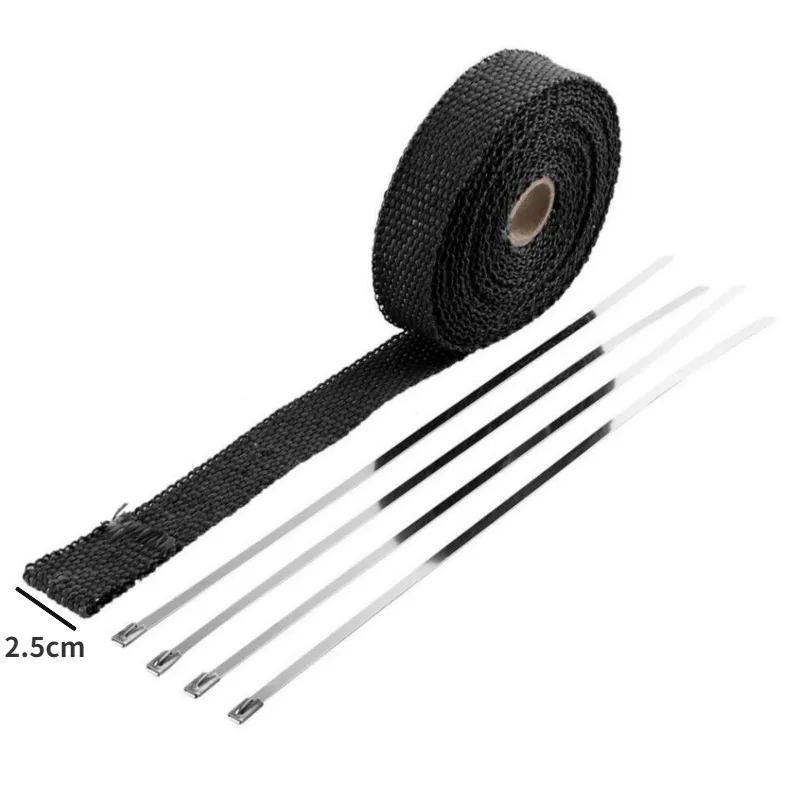 25mm*5M Roll Fiberglass Shield Motorcycle Exhaust Thermal Tape Header Pipe Heat Wrap Tape Thermal Protection with Stainless Ties