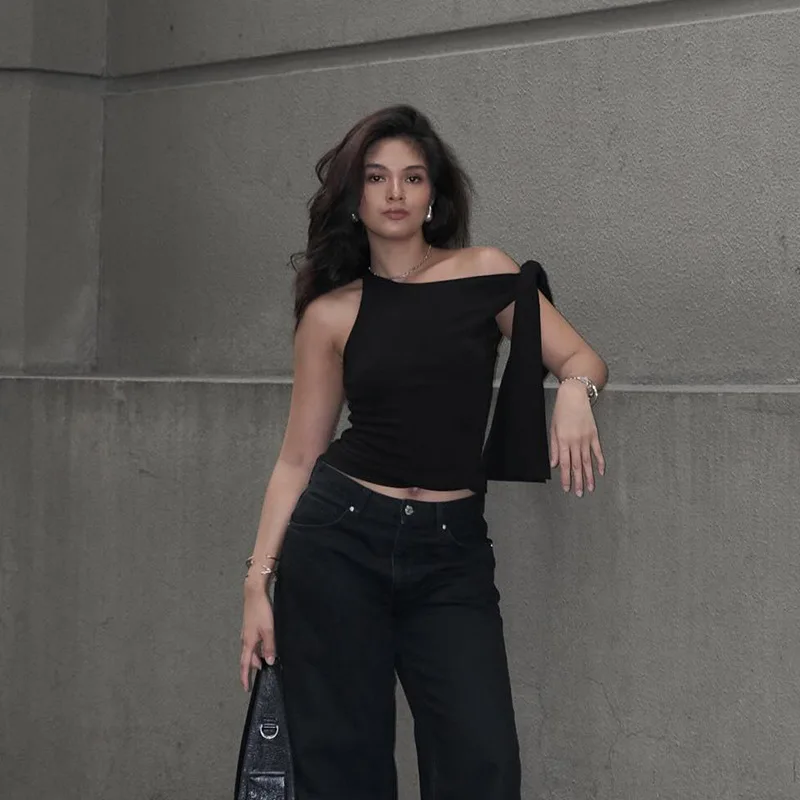 

JY24217, лето 2023, новая сексуальная универсальная футболка на одно плечо, золотой топ с лентой для девочек в одном стиле для женщин