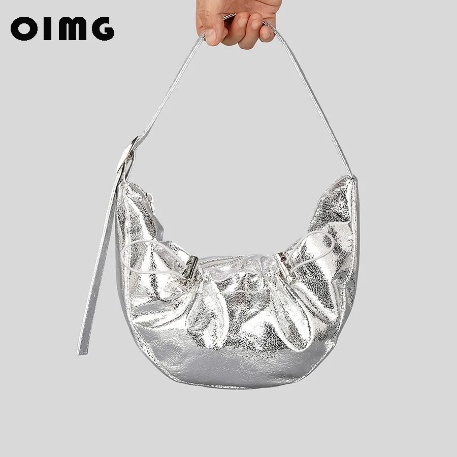 

OIMG PVC Silver Hobo Bag y2k Party Novelty Shoulder Holographic Crescent Sparkle Underarm Drawstring Ruffle Denim Design