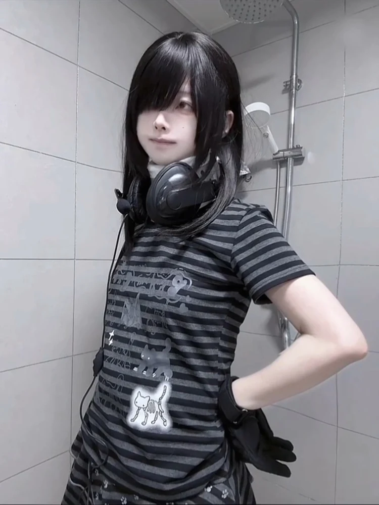 

Cute Y2K Subculture ort Sve Slim Fit Striped T-irt Women's New Sle Japanese Sle Print Sweat Absorbent Summer Top