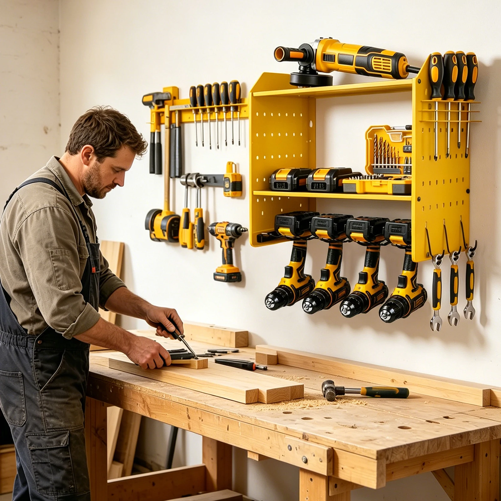 Robuster, an der Wand montierter Organizer für Elektrowerkzeuge, Akku-Werkzeugständer mit Stecktafel-Seitenständer und Haken – Detail 1