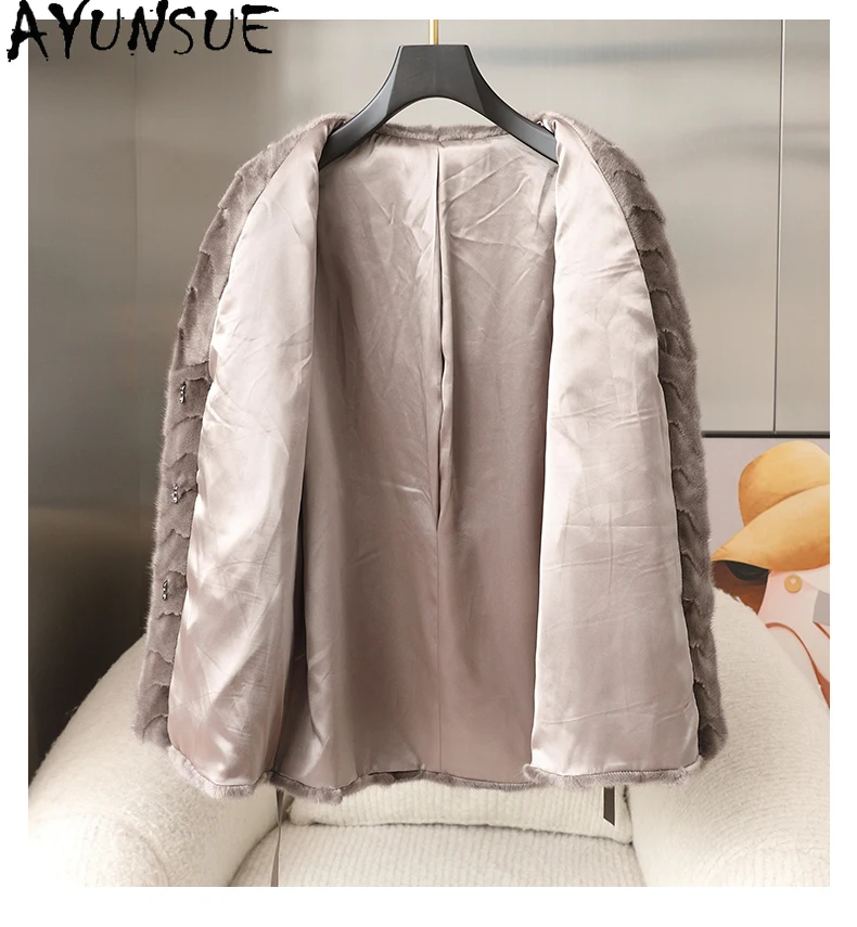 AYUNSUE Real Mink Fur Coat Women Clothes Luxury Real Fur Coats New in Outerwears Mid-length Winter Jacket Belt Пальто Женское