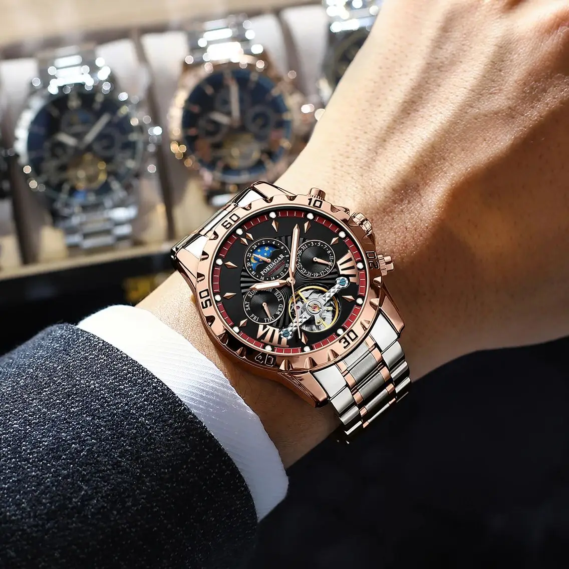 POEDAGAR ساعة رجالية ميكانيكية أوتوماتيكية جديدة توربيون مجوف مقاوم للماء مضيئة تاريخ الأسبوع الفولاذ المقاوم للصدأ ساعات رجالية فاخرة