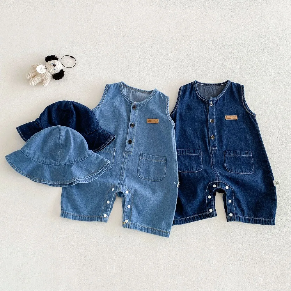 Summer Baby Romper 0-2Years Newborn Boy Girl Sleeveless O-Neck Soft Denim Jumpsuit Hat 2PCS Outfits Fashion Sunsuit Clothes