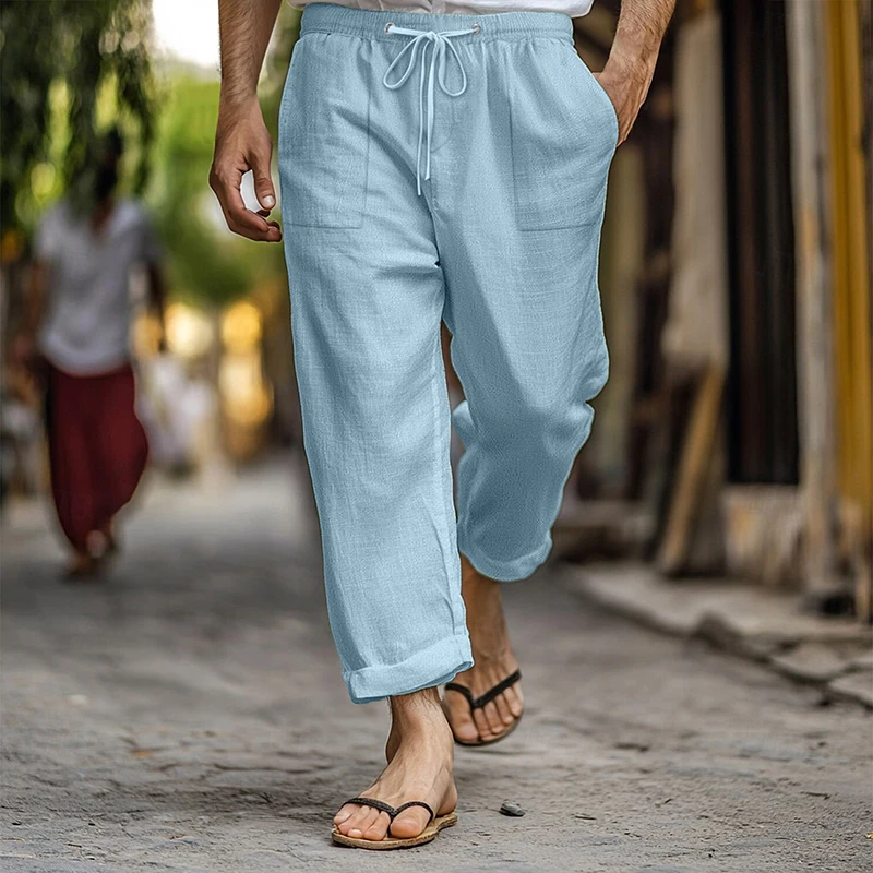 

2025 Spring Trousers Summer Daily Leisure Breathable Loose Men Fashion Drawstring Pants Vacation Seaside Beach Casual Pants Mens