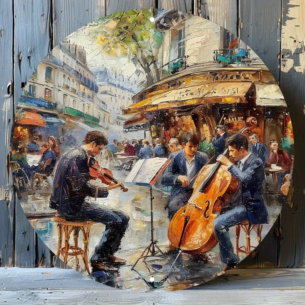 Letrero Redondo Metálico Vintage con Músicos de la Calle de París, Arte de Pared Metálico Estilo Pintura al Óleo Retro de Café Francés con Cuarteto de Cuerdas y Paisaje Urbano, Rus