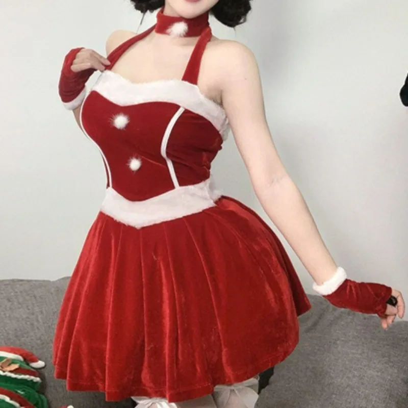 

Рождественское платье Санта-Клауса для косплея, женское красное бархатное расклешенное мини-платье с бретелькой на шее и перчатками, комплект, униформа кролика для девочек, пижама