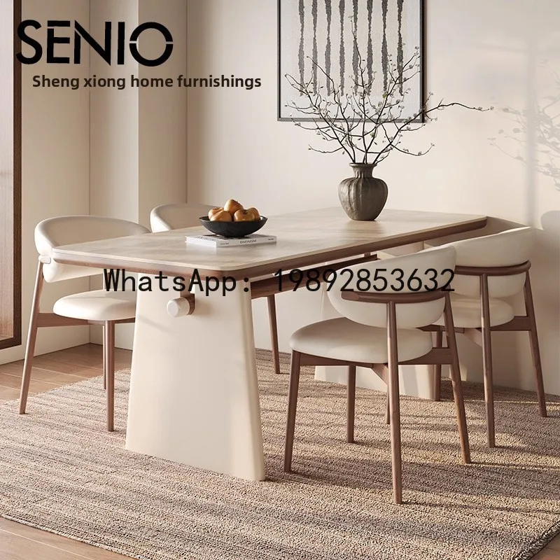 CZ Cream Vintage French Style Dining Table Rock Slab Rectangular Travertine Solid Wood Dining Table and Chair Set