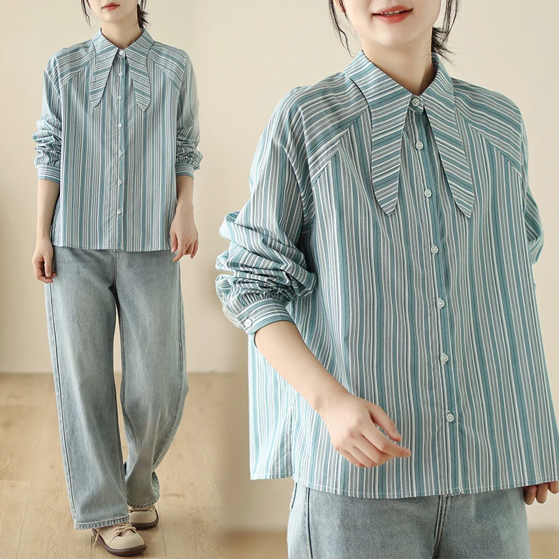 

Ele Blue Vertical Striped Long Sve Women's irt Stand Collar Design Sensation Autumn New Sle Faionable Blouse