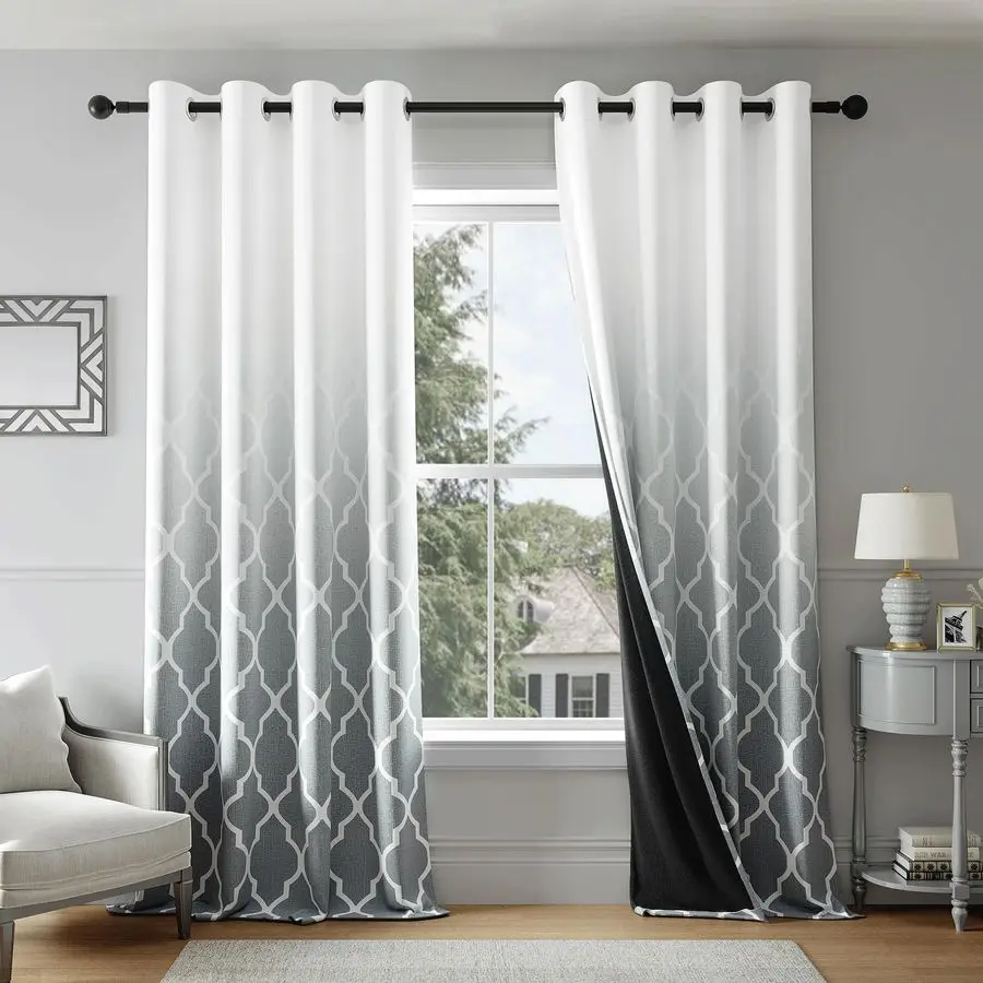

Ombre Full Blackout Curtains 84 Inches Long 2 Panels for Living Room Bedroom Grey White Moroccan Geo Patterned Room Darkening Th