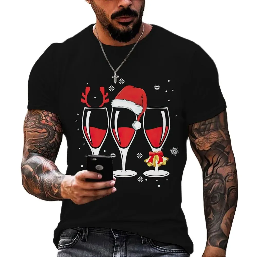 2023 Cool Christmas Element Printed Men's 3d Printed T-shirt Fashion Wine Glass Pattern O Collar New Year's Party Plus Size