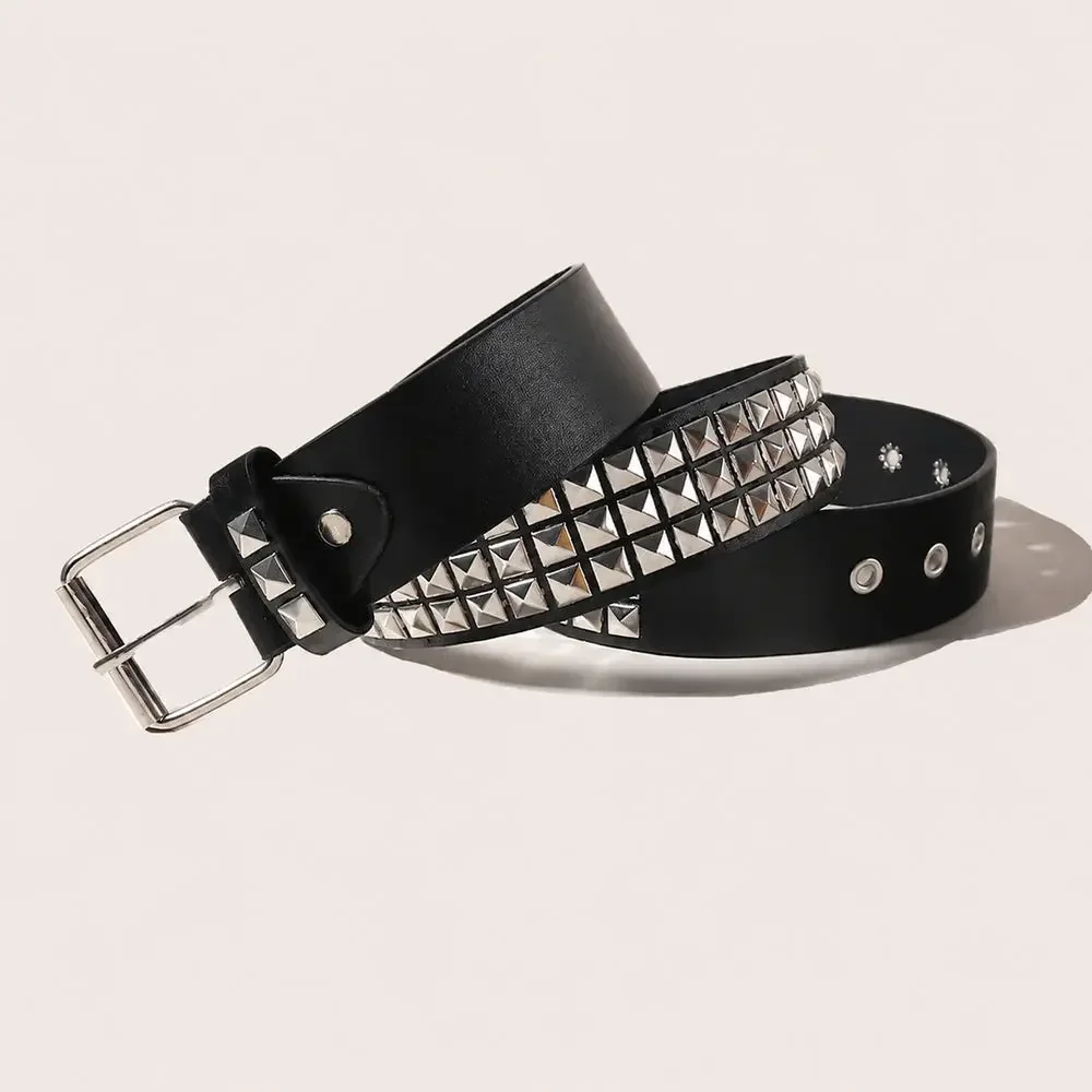 Black Punk Waist Belt 105 cm Three Rows Silver Pyramid Studs and Single Prong Buckle Dresses Jeans Trousers Western women belt