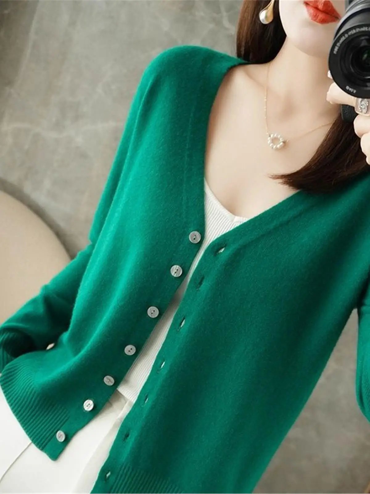 LDZWSM Women V-Neck Knitted Casual Loose Full Sleeve Sweaters Cardigans Lady Knitting Outwear