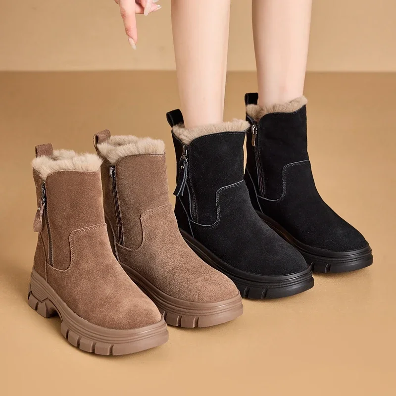 AUTUSPIN-Botas de nieve de cuero de ante para mujer, zapatos planos con plataforma, con cremallera lateral, cálidos, de felpa, para ocio al aire