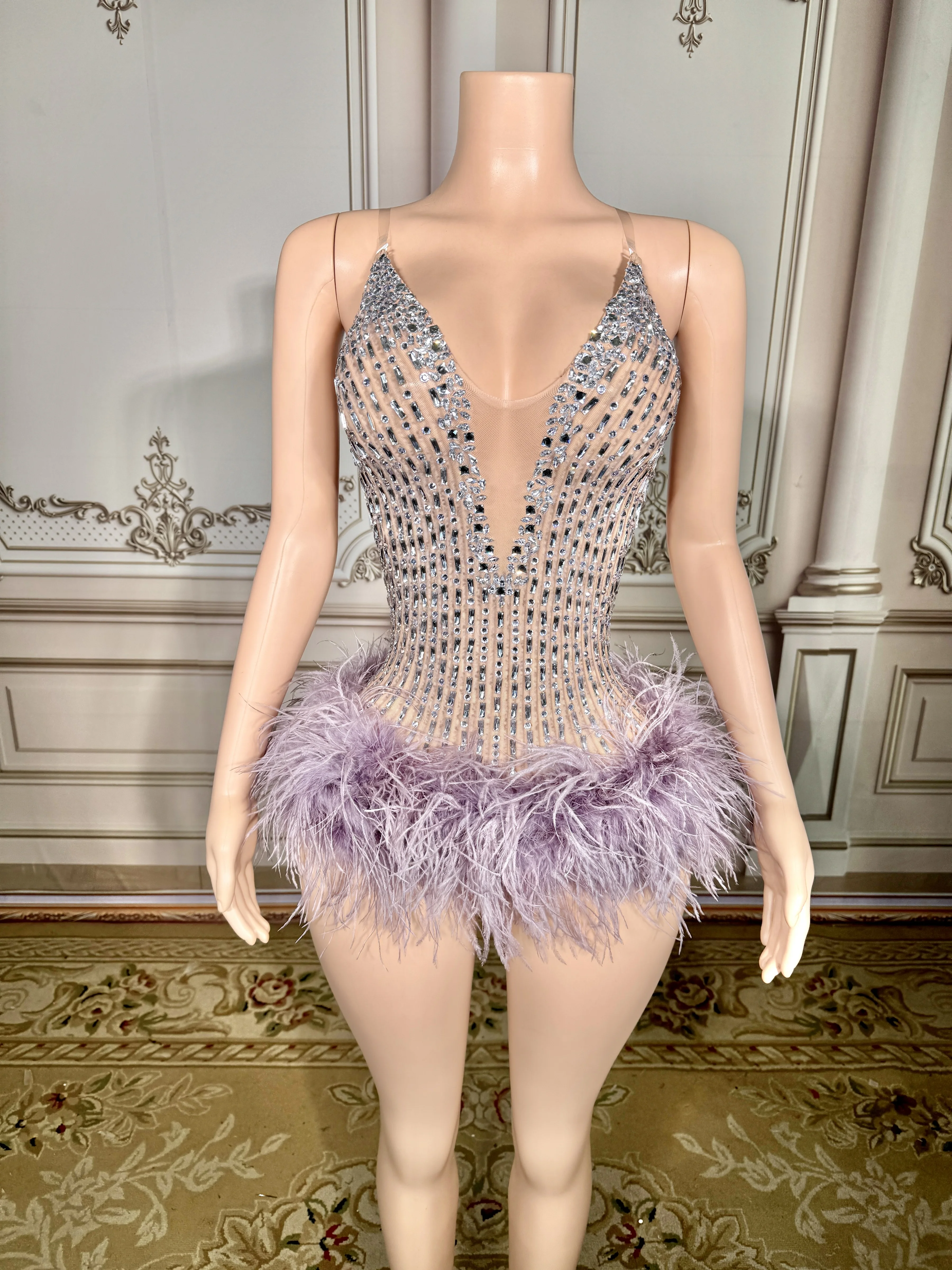 Women Sexy Luxurious Rhinestones Feather Trail Transparent Bodysuit Birthday Celebrate Evening Prom Gown Dress party Dress