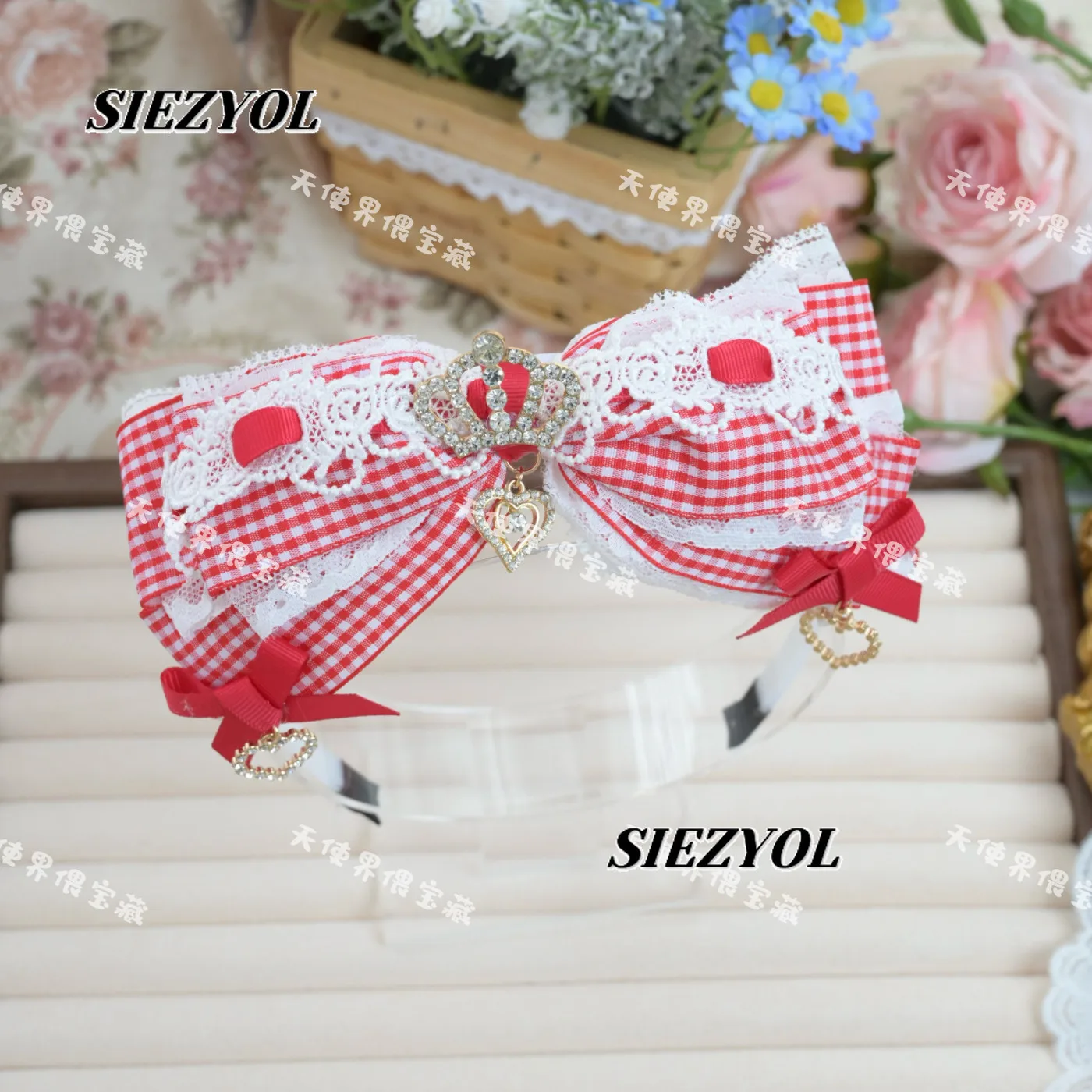 Original Mass Production Subculture Plaid Headband Hair Accessories Lolita Sweet Cute Girls Kc Love Bow Headband Headgear