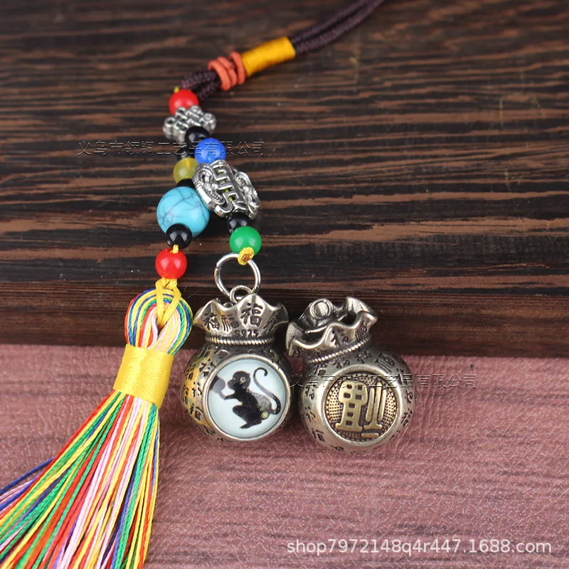 Style Retro Tibetan Silver Money Bag Twelve Zodiac Luminous White Copper Multicolor Tassel Key