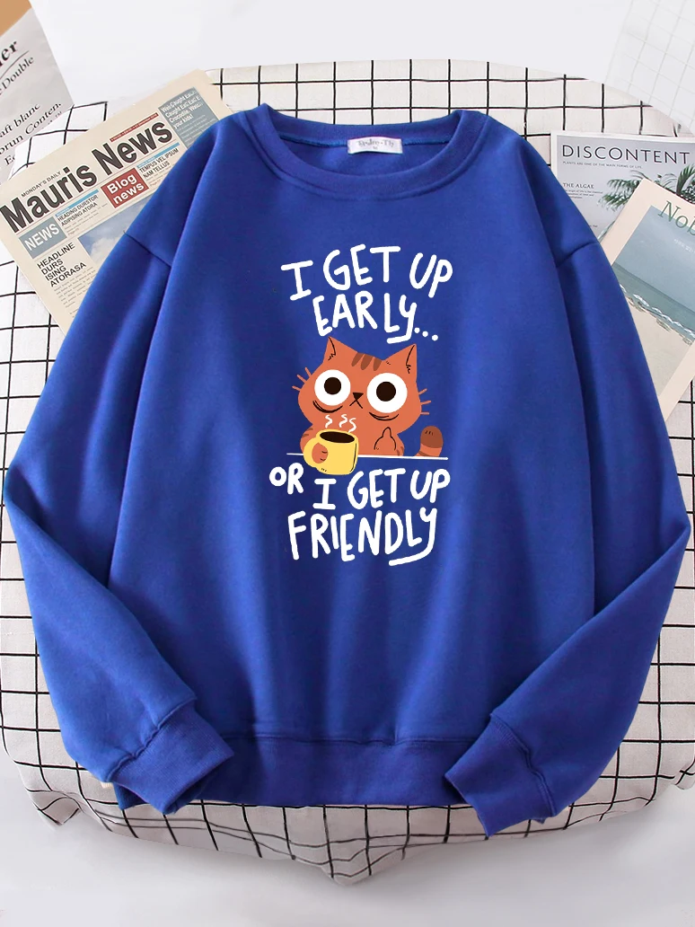 I Get Up Are Lazy Cute Cat Women Hoodies Harajuku Crewneck Hoodie Fashion Oversize Hoody Casual Comfortable Female Tracksuit