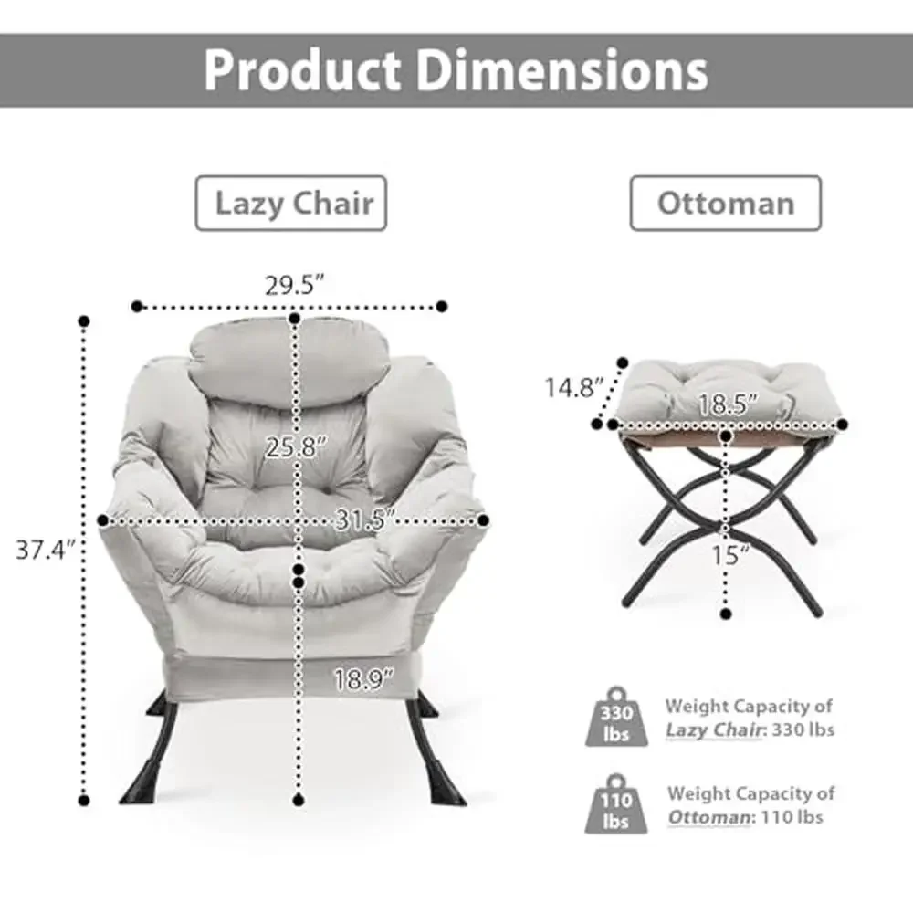 Velvet Lazy Chair with Folding Ottoman Metal Structure Non-Slip Pads Sofa Armchair American Style Design Breathable Soft Fabric