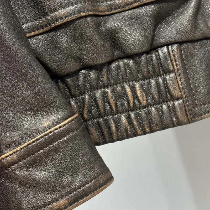 여성용 가을 겨울 브라운 빈티지 가죽 재킷 최상급 양가죽 고품질 숏 길이